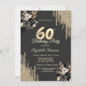 Gold Glitter Drips Black Roses Dark 60th Birthday Kaart (Voorkant)