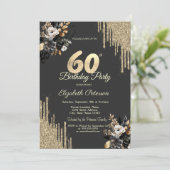 Gold Glitter Drips Black Roses Dark 60th Birthday Kaart (Staand voorkant)