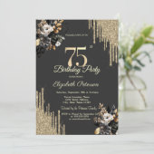 Gold Glitter Drips Black Roses Dark 75th Birthday Kaart (Staand voorkant)