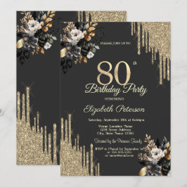 Gold Glitter Drips Black Roses Dark 80th Birthday Kaart