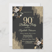 Gold Glitter Drips Black Roses Dark 90th Birthday Kaart (Voorkant)