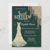 Gold Glitter Drips, diamanten Dress Green Sweet 16 Kaart (Voorkant)