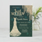 Gold Glitter Drips, diamanten Dress Green Sweet 16 Kaart (Staand voorkant)