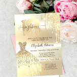 Gold Glitter Drips, Dress 18th Birthday Party Kaart<br><div class="desc">Elegant goudjurk en goudglitter druppelen op een gouden achtergrond.</div>