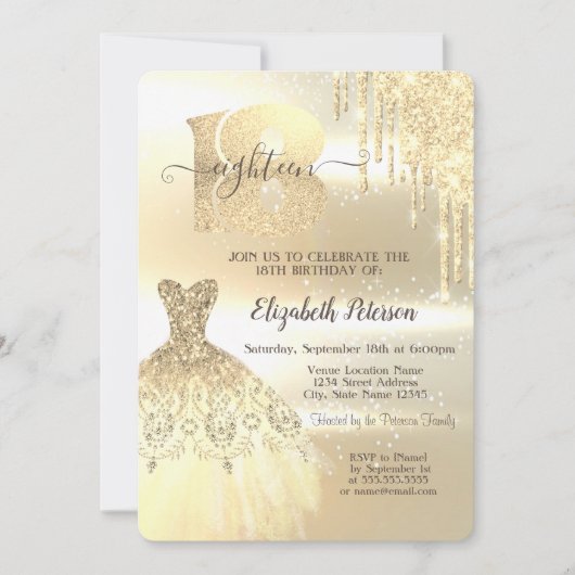 Gold Glitter Drips, Dress 18th Birthday Party Kaart (Voorkant)