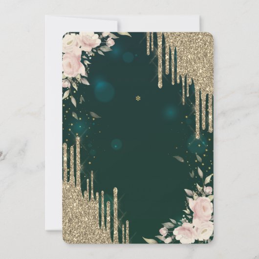 Gold Glitter Drips,Dress,Floral Green Sweet 16 Kaart (Achterkant)