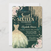Gold Glitter Drips,Dress,Floral Green Sweet 16 Kaart (Voorkant)