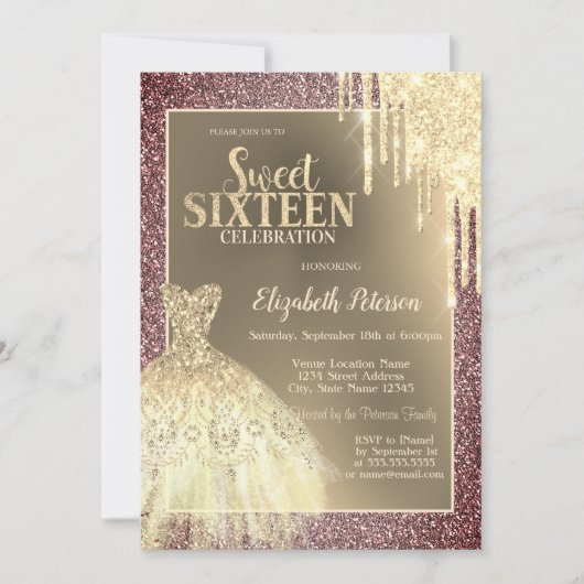 Gold Glitter Drips,Dress Glitter Sweet 16 Kaart (Voorkant)