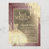 Gold Glitter Drips,Dress Glitter Sweet 16 Kaart (Voorkant / Achterkant)