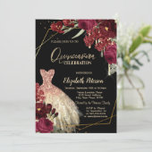 Gold Glitter Drips,Dress Red Roses Quinceañera Kaart (Staand voorkant)