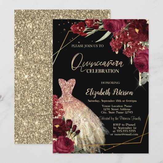 Gold Glitter Drips,Dress Red Roses Quinceañera Kaart (Voorkant / Achterkant)