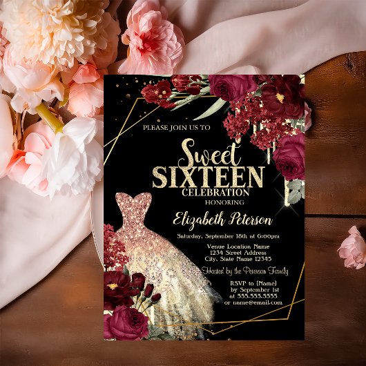 Gold Glitter Drips,Dress Red Roses Sweet 16 Kaart