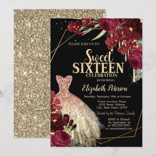 Gold Glitter Drips,Dress Red Roses Sweet 16 Kaart (Voorkant / Achterkant)