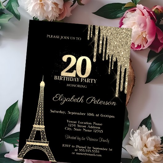 Gold Glitter Drips, Eiffel Tower 20th Birthday Kaart