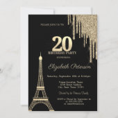 Gold Glitter Drips, Eiffel Tower 20th Birthday Kaart (Voorkant)