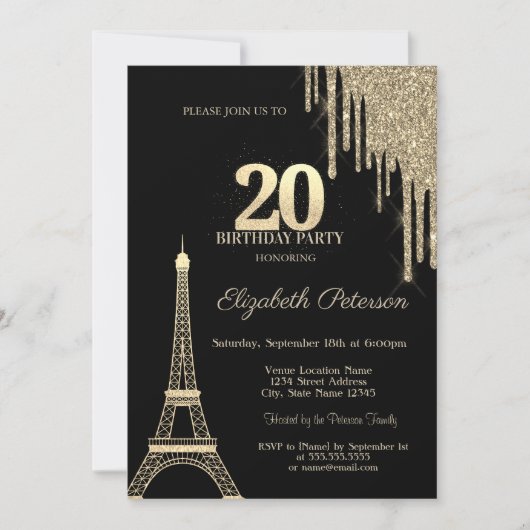 Gold Glitter Drips, Eiffel Tower 20th Birthday Kaart (Voorkant)