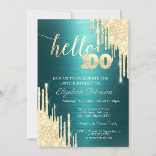 Gold Glitter Drips Green Metallic 100th Birthday Kaart (Voorkant)