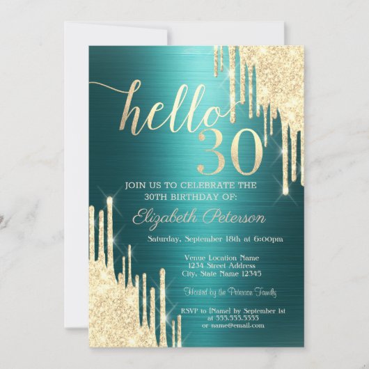 Gold Glitter Drips Green Metallic 30th Birthday Kaart (Voorkant)