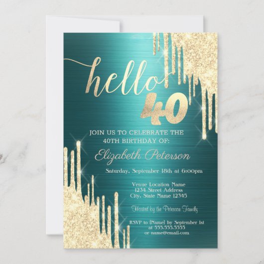 Gold Glitter Drips Green Metallic 40th Birthday Kaart (Voorkant)