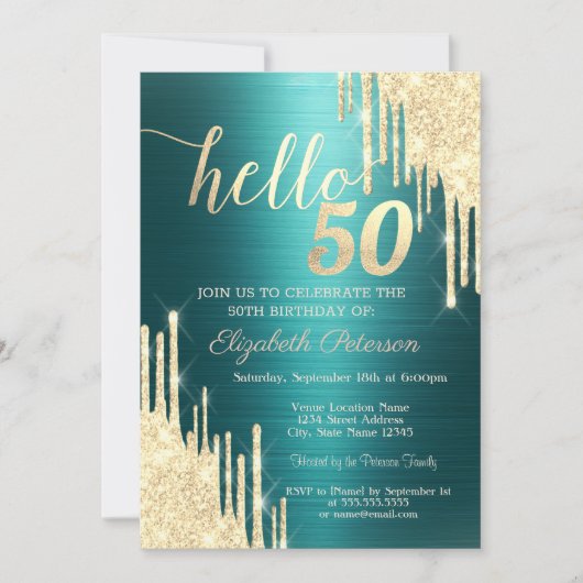 Gold Glitter Drips Green Metallic 50th Birthday Kaart (Voorkant)