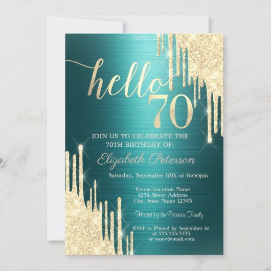 Gold Glitter Drips Green Metallic 70th Birthday Kaart (Voorkant)