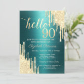 Gold Glitter Drips Green Metallic 90th Birthday Kaart (Staand voorkant)