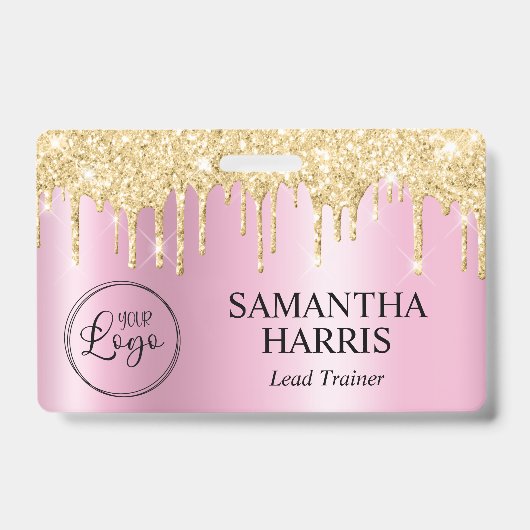 Gold Glitter Drips Pink Shimmer Badge (Voorkant)