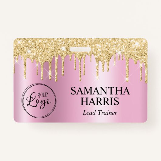 Gold Glitter Drips Pink Shimmer Badge (Voorkant)