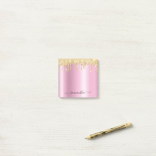 Gold Glitter Drips Pink Shimmer Glam Name Post-it® Notes (Op bureau)