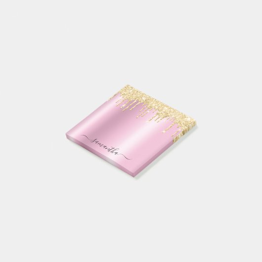 Gold Glitter Drips Pink Shimmer Glam Name Post-it® Notes (Schuin)