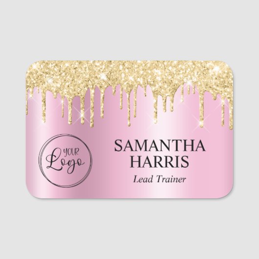 Gold Glitter Drips Pink Shimmer Naamplaatje (Voorkant)