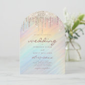 Gold Glitter Drips Rainbow Holographic Wedding Kaart (Staand voorkant)