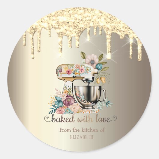 Gold Glitter Drivers Mixer Flowers Bakery Ronde Sticker (Voorkant)