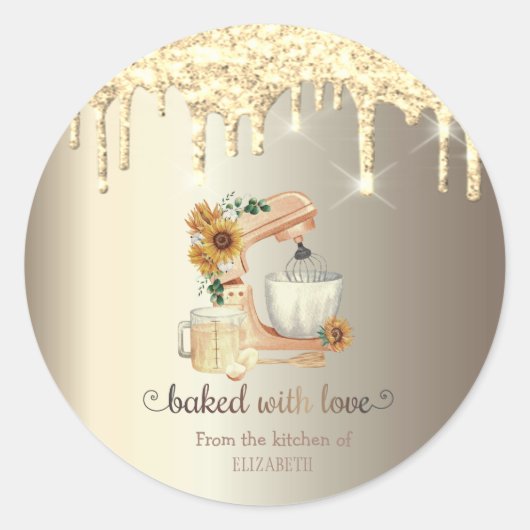 Gold Glitter Drivers Mixer Sunflower Kitchen Ronde Sticker (Voorkant)