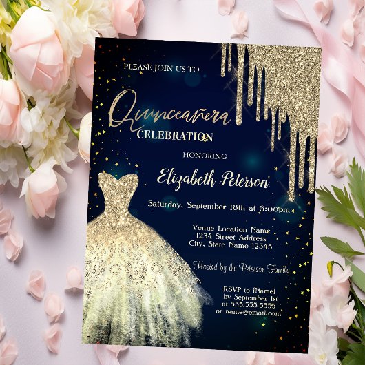 Gold Glitter Drives, Dress Navy Blue Quinceañera Kaart