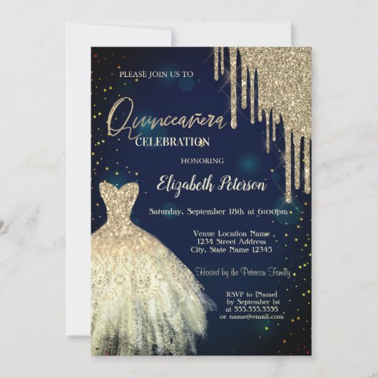 Gold Glitter Drives, Dress Navy Blue Quinceañera Kaart (Voorkant)