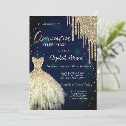 Gold Glitter Drives, Dress Navy Blue Quinceañera Kaart (Staand voorkant)