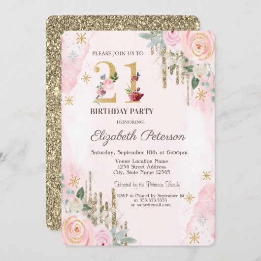 Gold Glitter droogt 21e verjaardag in een gloerroz Kaart (Voorkant / Achterkant)