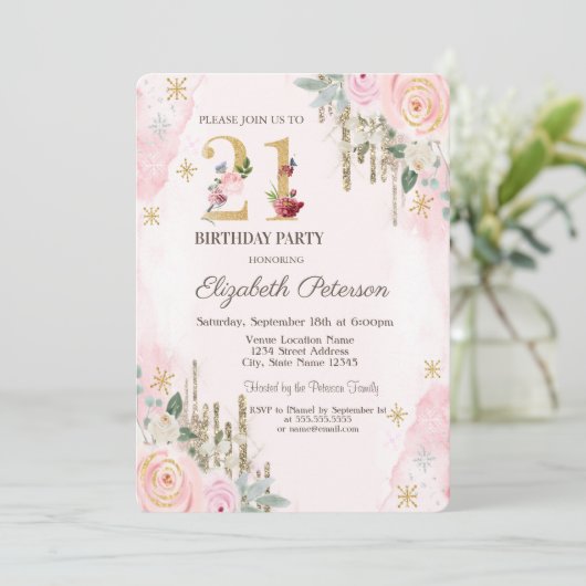 Gold Glitter droogt 21e verjaardag in een gloerroz Kaart (Staand voorkant)