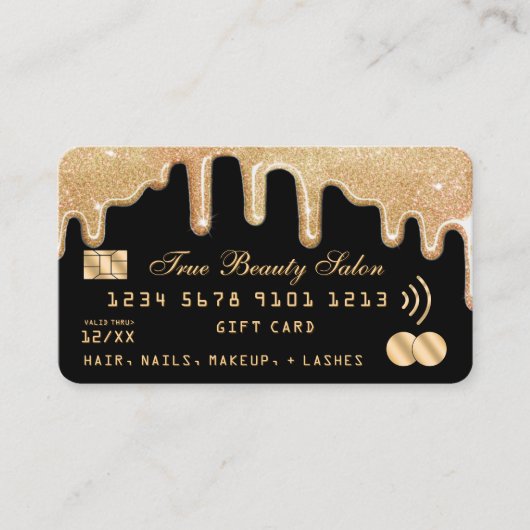 Gold Glitter Druppels Zwart Krediet Cadeaubon Visitekaartje (Voorkant)
