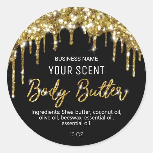 Gold Glitter druppelt op zwarte-body-butterlabels Ronde Sticker (Voorkant)