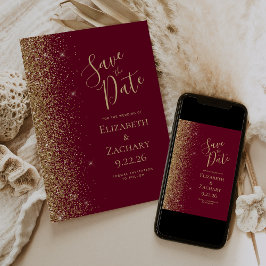 Gold Glitter Edge Bourgogne Rood Save the Date Aankondiging
