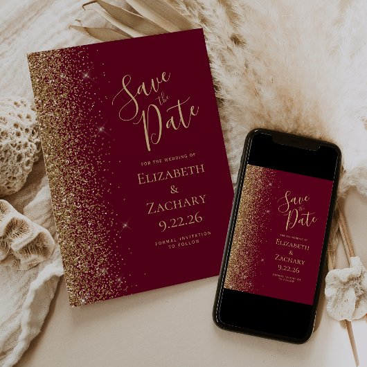 Gold Glitter Edge Bourgogne Rood Save the Date Aankondiging