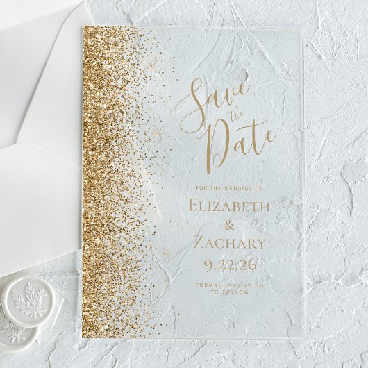 Gold Glitter Edge Wedding Sla de datum op Acryl Uitnodigingen