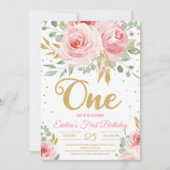 Gold glitter één bloedige roze florale eerste verj kaart (Voorkant)