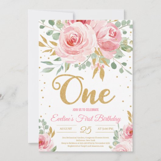 Gold glitter één bloedige roze florale eerste verj kaart (Voorkant)