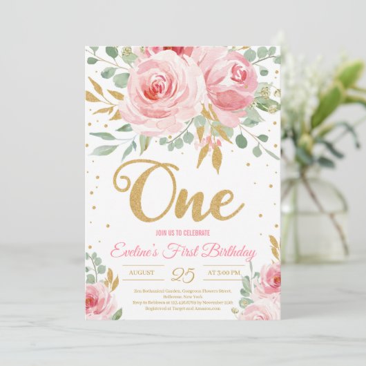 Gold glitter één bloedige roze florale eerste verj kaart (Staand voorkant)