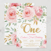 Gold glitter één bloedige roze florale eerste verj kaart (Voorkant / Achterkant)