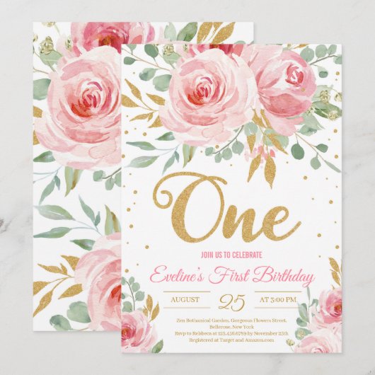 Gold glitter één bloedige roze florale eerste verj kaart (Voorkant / Achterkant)