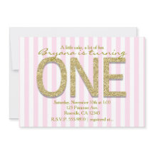 GOLD GLITTER EÉN Roze Streep 1e Verjaardagsuitnodi